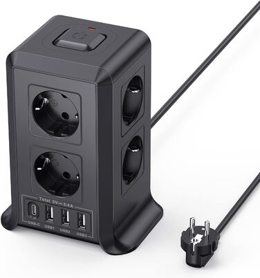 Багаторозкладна мережева панель Sameriver 8-fach з вимикачем, 4 USB, захист від перенапруги, 2м кабель, чорний