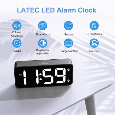 LED-годинник LATEC з двома будильниками, USB-порт для зарядки, регулювання яскравості, гучність 90-120 дБ, 8 мелодій, 12/24 год, чорний