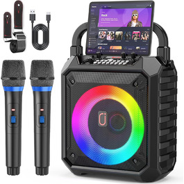 Караоке машина JYX з 2 бездротовими мікрофонами, портативна Bluetooth колонка з RGB-підсвіткою, караоке система для дому, вечірки, PA-система для дорослих, Partybox чорного кольору