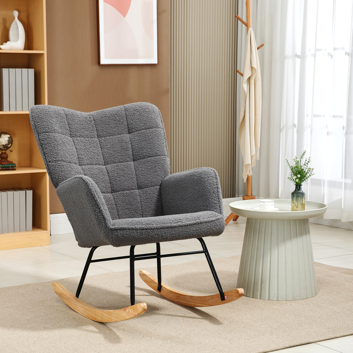 HOMCOM Rocking Chair, Rocking Armchair with Berber Fleece Look, Armrests, Padded Chair with Wooden Runners, Reclining Chair for Living Room, Bedroom, Holds up to 120kg, Dark Grey | Aosom