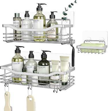 Поличка для душу Orimade без свердління з мильницею та 5 гачками - 3 шт. (срібло)