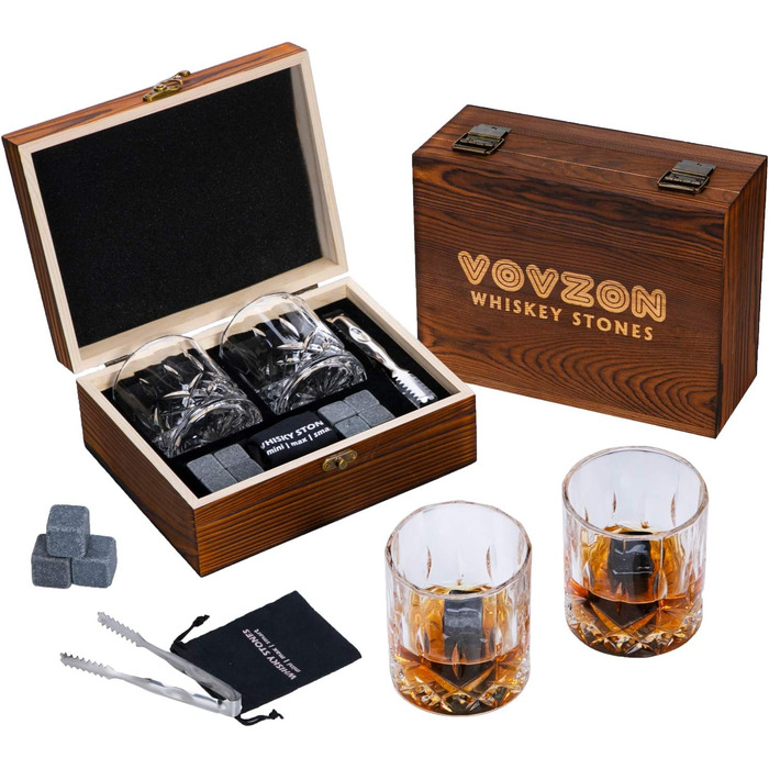 Whiskey Stones Gift Set for Men - 8 Whiskey Scotch Bourbon Chilling Stones, 2 Whiskey Glasses in Wooden Box - Christmas/Father's Day/Birthday/Gift for Dad Papa Friend