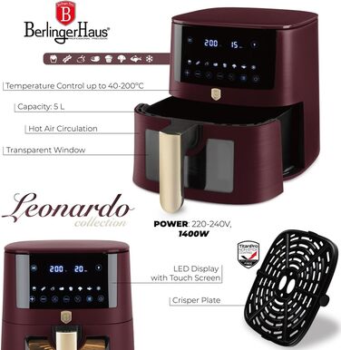 Фритюрниця Berlinger Haus Leonardo Collection 5L з цифровим дисплеєм та 8 автоматичними програмами, 1400 Вт, без олії