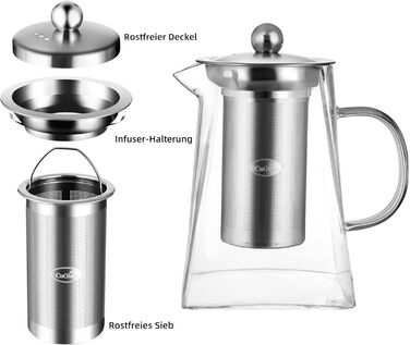 Скляний чайник CNGLASS з ситечком зі сталі, 900 мл, термостійкий заварник для листового та розквітного чаю