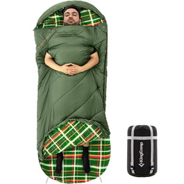Спальний мішок KingCamp XXL з бавовни фланель для дорослих, великий розмір, теплий, зимовий для кемпінгу, подорожей та активного відпочинку на природі, 4-сезонний, 220x100 см (#Tragbar, оливковий)