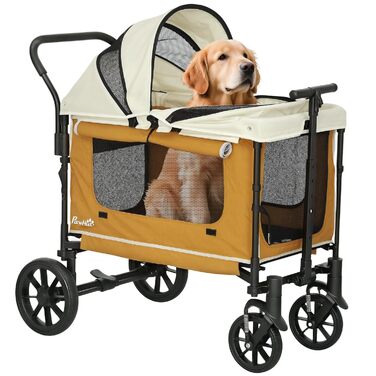 PawHut 2-в-1 візок для собак та котів, розкладний, до 30 кг, з подушкою, сітковими віконцями, 2 дверима, кишенькою для зберігання, коричневий