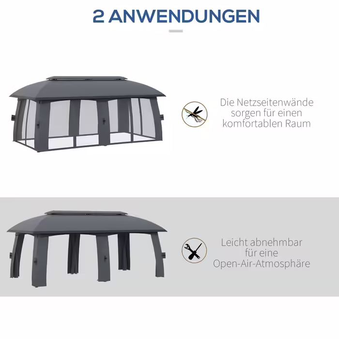 Outsunny Garden Pavilion 3 x 6 m Party Tent with Double Roof & Side Walls, Mosquito Nets for up to 15 People, Galvanized Metal, Dark Grey