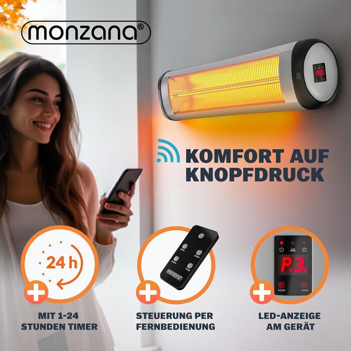 Інфрачервовий обігрівач MONZANA® MZH2501 з таймером, 2500W, 3 режими, 24 год, пульт ДУ, кут нахилу 90°, електричний, для тераси (сріблястий)