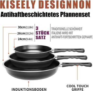 Набір сковорідок Pfannenset: 24см, 26см, 30см. 3 шт. Сковорода для омлетів, стійка до нагріву, без PFAS, для всіх типів плит, включаючи індукцію (SV2)