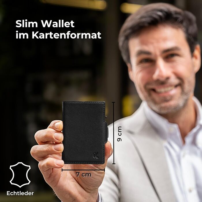 KIDMAN Icarus I Genuine Leather Slim Wallet with Alucase and Coin Pocket I Large Bill Compartment I Small Wallet for Men with RFID I Mini Wallet for Men I Card Holder for up to 8 Cards I Black