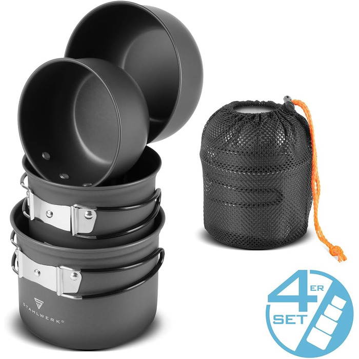 Набір посуду для кемпінгу STAHLWERK 4-х частинний з алюмінію з антипригарним покриттям, Outdoor посуд, набір каструль та кришок