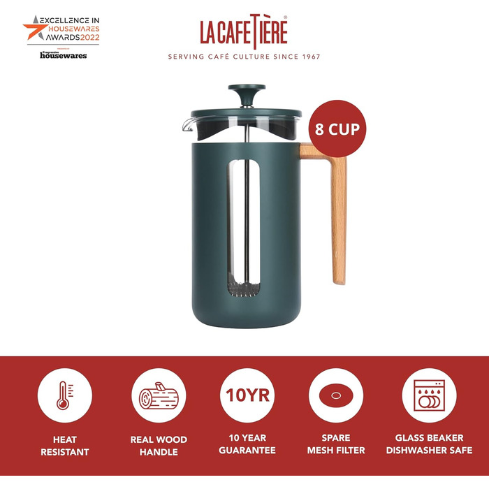 La Cafetière Pisa French Press, Stainless Steel, 8 Cups, Green, in Gift Box, Cream
