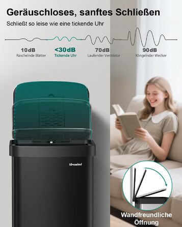 Сміттєвий бак Lovewind 60Л для кухні та офісу, металевий педальний відро з м'яким закриттям (Soft-Close) та виймаючою ємністю, чорний