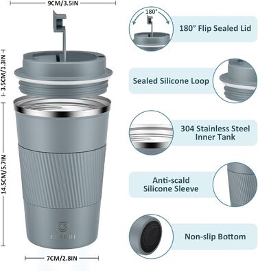 Термокружка CS COSDDI з нержавіючої сталі, 380 мл, для кави, води та чаю, з кришкою, для подорожей та авто, сірий колір
