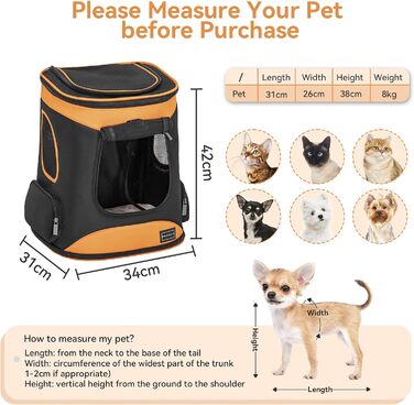 Рюкзак для кота та собаки Petsfit - зручний та дихаючий, до 5 кг, з сіткою та ременем, чорний та помаранчевий