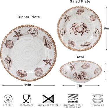 Набір посуду з меламіну, 12 предметів: тарілки та миски для 4 осіб, неб'ючий посуд, ідеально для кемпінгу, RV, BPA-free, придатний для миття в посудомийній машині (Antikes Ozean)