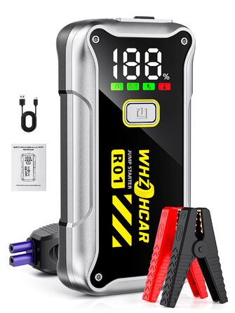 Powerbank Starthilfe 4000A: портативний пусковий пристрій для автомобіля 12V з LCD дисплеєм та LED ліхтариком. Підходить для бензинових (9.0L) та дизельних (7.5L) двигунів. Ідеально для SUV, мотоциклів та газонокосарок. Чорний колір.