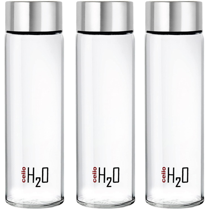 H2O Steelox Glass Water Bottle, Refrigerator Bottle, Wide Opening for Easy Cleaning, Bottle for Hotel, Travel, Office, University, 3-Piece Set, 920 ml, Silver