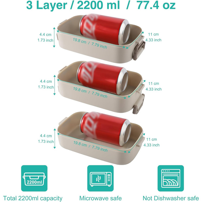 Ланчбокс Brotdose 3-х ярусний на 2200 мл з посудом, для дорослих, без BPA, підходить для мікрохвильової печі, бежевий