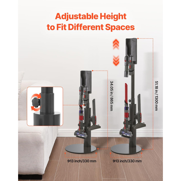 Підставка для пилососа VEVOR 126 см, сумісна з Dyson G5, V15, V12, V11, V10, V8, V7, V6, з аксесуарами, підлогова стійка, кріплення з 6 гачками та антиковзкими ніжками, срібна (з висувною трубою, чорна)