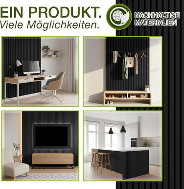 Акустичні панелі TRESKO з дерева 120×60×2,1 см (4 шт), 3D стінові ламелі для шумоізоляції, колір дуб чорний, з набором 8 гачків та монтажним комплектом