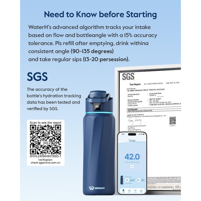 Розумна пляшка для води WATERH Boost з нагадуванням та трекером, 946 мл, нержавіюча сталь, блакитна