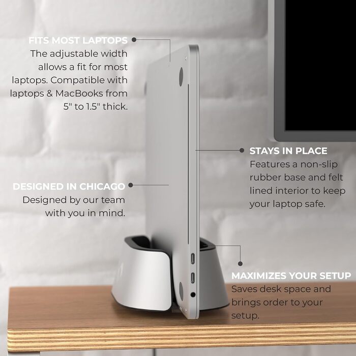 HumanCentric Adjustable Laptop Stand & Dock - Leather & Aluminum - Vertical Stand for MacBook Pro & Laptops (0.5' - 1.5')