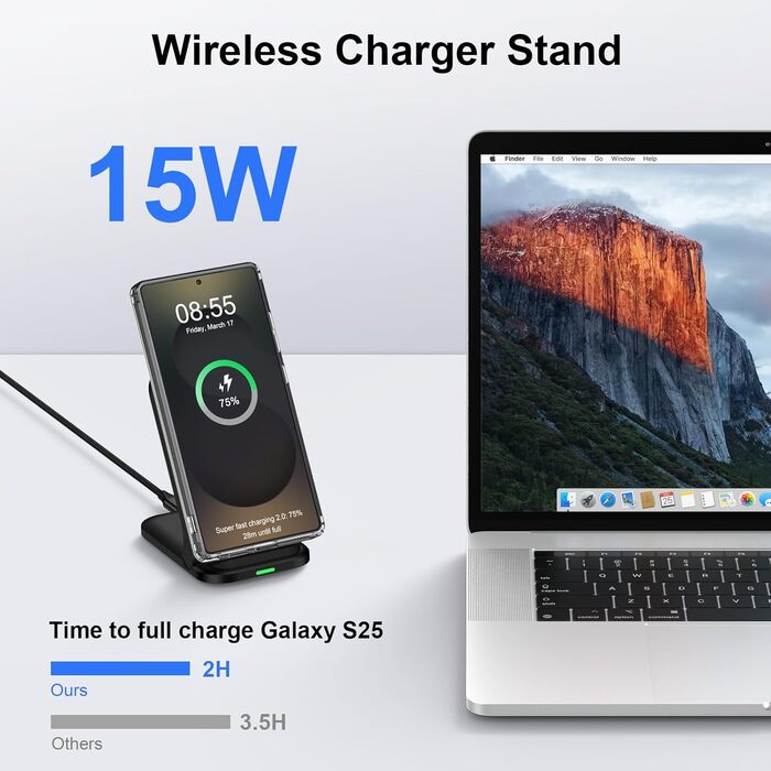 Бездротова зарядка Samsung 15W з адаптером живлення: підставка для швидкої зарядки Galaxy S25/S24/S23/S22/S21/S20, iPhone 17-11, Google Pixel 10/10 Pro/9 Pro – чорна, складана