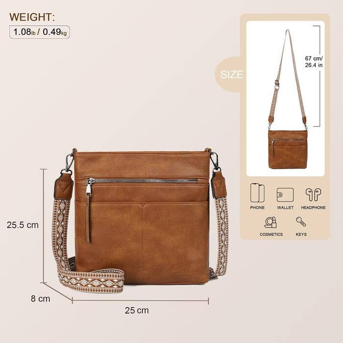 Сумка жіноча Gladdon шкіряна крос-боді середнього розміру коричнева з широким ременем та плечовим ремінцем