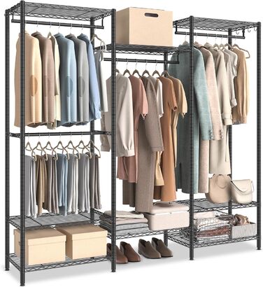 SONGMICS Clothes Rack, Open Wardrobe, Metal Coat Rack, Coat Stand with Adjustable Shelves and Clothes Rails, Hooks, High Load Capacity, Detachable, Cloud White LGR431W01 (Ink Black)