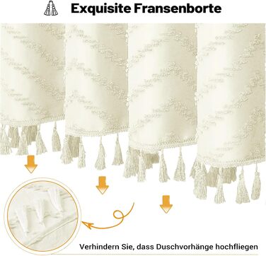 Штора для душу BTTN 180x180 см, бежева бохо, з китицями, водонепроникна, з гачками (1 шт)