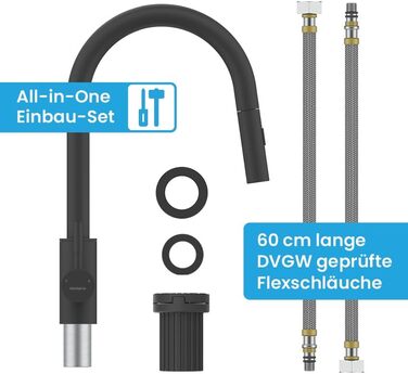Кухонний змішувач Bächlein Plivo з нержавіючої сталі (щіткова обробка) – одноручний висувний кран для кухні з поворотним виливом 360° (матова чорна обробка)