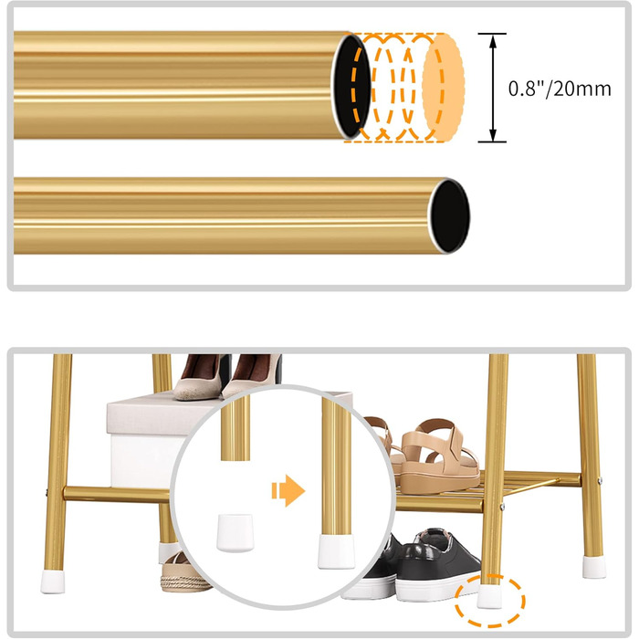 Robust metal clothes rack with double shelves for hanging clothes, freestanding and portable, 62 L x 35 W x 157.5 H cm, space-saving, gold
