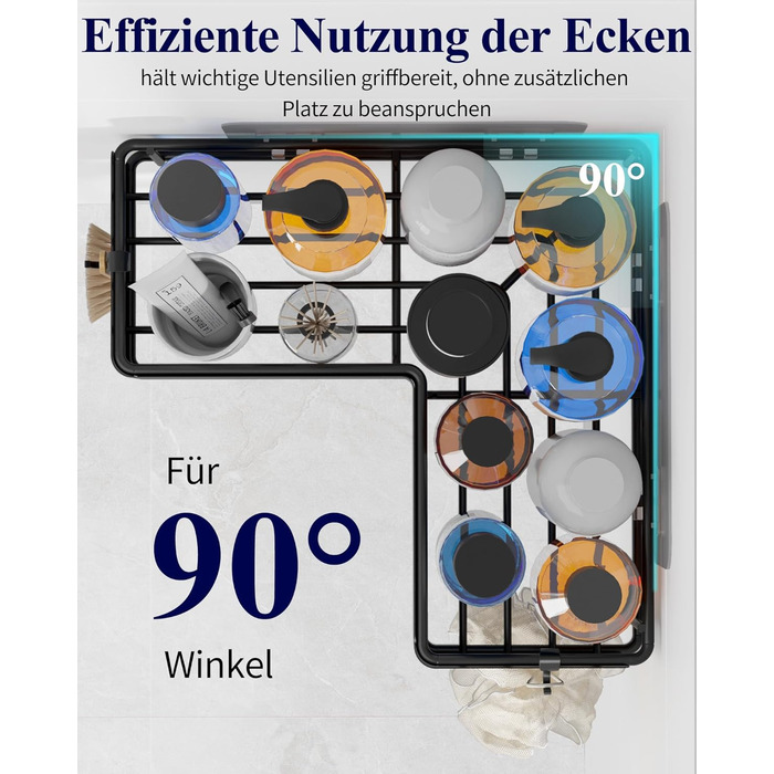 Поличка для душу Kitsure L-подібної форми без свердління - 2 шт. Міцна поличка для кута без свердління з 4 гачками та клейкими смугами, нержавіюча сталь для ванної, кухні та пральні, 24,4 x 11,9 x 6,2 см, Чорний