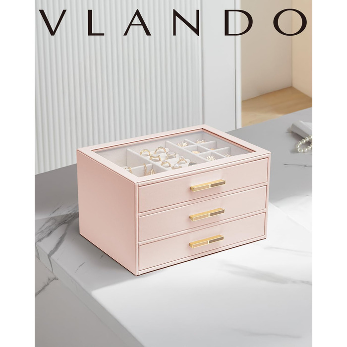 Шкатулка для прикрас Vlando - Органайзер для ювелірних виробів на 3 яруси, з підсвіткою, рожевий