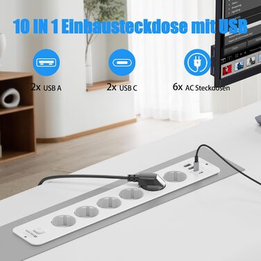 Мережевий фільтр 6-фазовий з USB-портами (4 USB-A, 2 USB-C), з вимикачем, білий, PD 20W