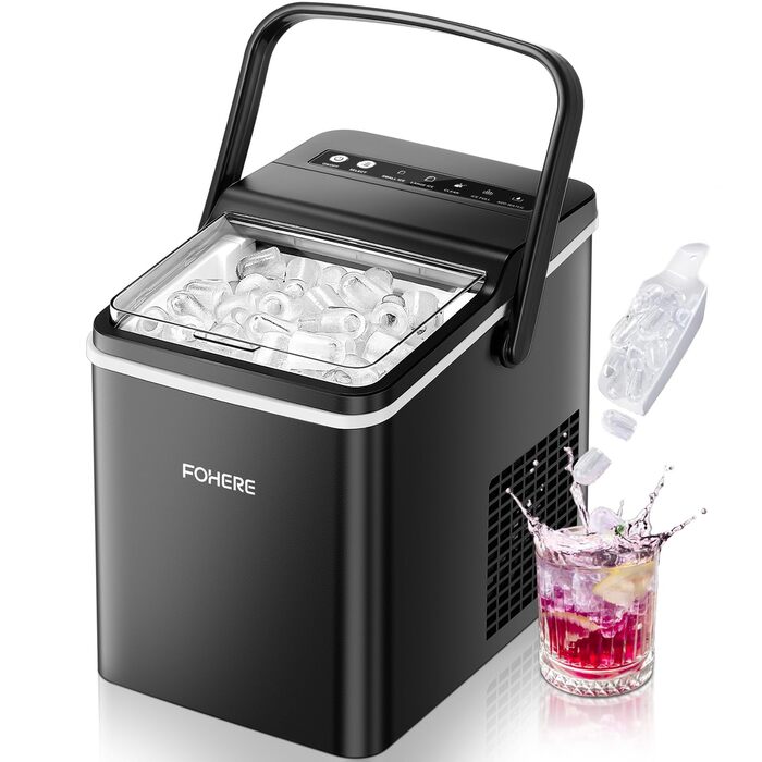 Машина для приготування льоду FOHERE з ручкою, 14 кг/24 год, 9 кубиків льоду за 5 хвилин, 2 розміри, самоочищення, портативна з лопаткою та кошиком – ідеальна для дому, кухні, офісу, кемпінгу, вечірки, RV