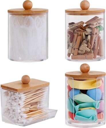 Контейнер для ватних паличок (4 шт.) з бамбуковою кришкою - органайзер для макіяжу, ватних дисків, для ванної кімнати та спальні