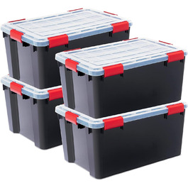 Iris Ohyama Airtight Plastic Storage Boxes with Lids, 50L, Set of 4, Black, Airtight Waterproof Seal, Robust Snap Closures, Stackable, Dustproof, BPA-Free, DDAT-L