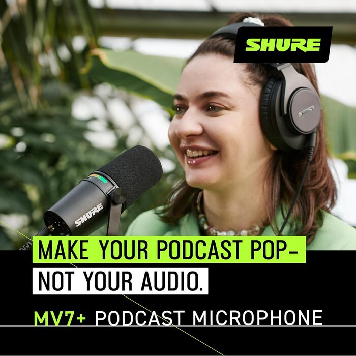 Shure MV7+ Повний комплект для подкастингу: USB/XLR мікрофон, LED-сенсор, автоматичне регулювання, цифровий поп-фільтр, ефекти реверберації - Білий
