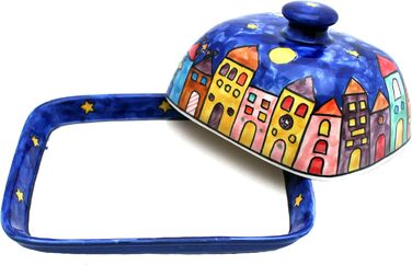 Butter dish with lid, designed by Gall&Zick, handcrafted from ceramic, for a standard 250g block of butter, colorfully hand-painted, dishwasher-safe (New Village)