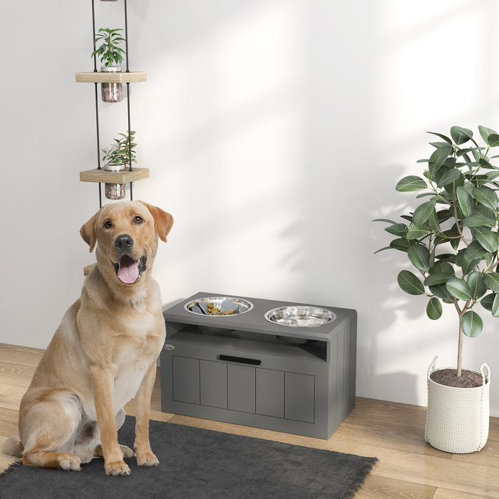 PawHut Large Dog Feeding Station with 2 Stainless Steel Bowls, Drawer, and Pet Food Dispenser - MDF, Steel, Gray