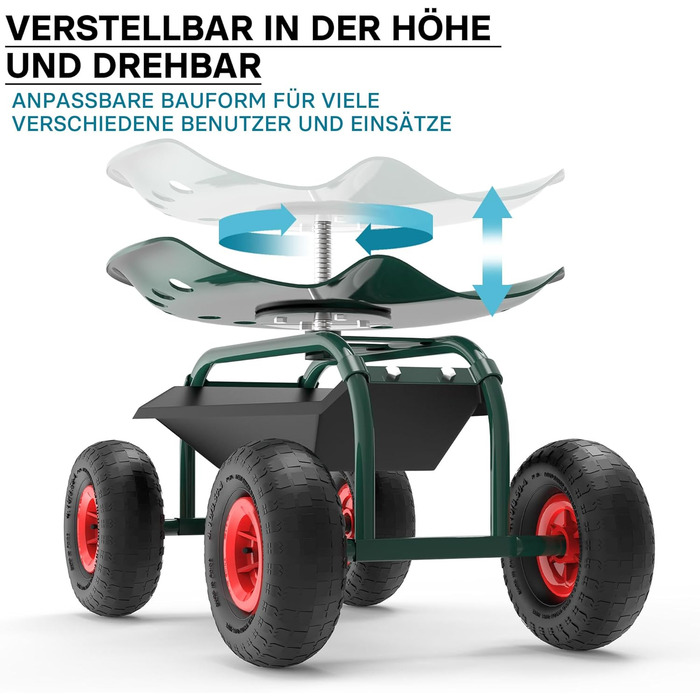 Wiltec Garden Wagon with Storage Area up to 150kg, Garden Chairs with Tires, Garden Trolley for Gardening, Workshop Wagon, Mobile Work Cart, Garden Seat, Mobile