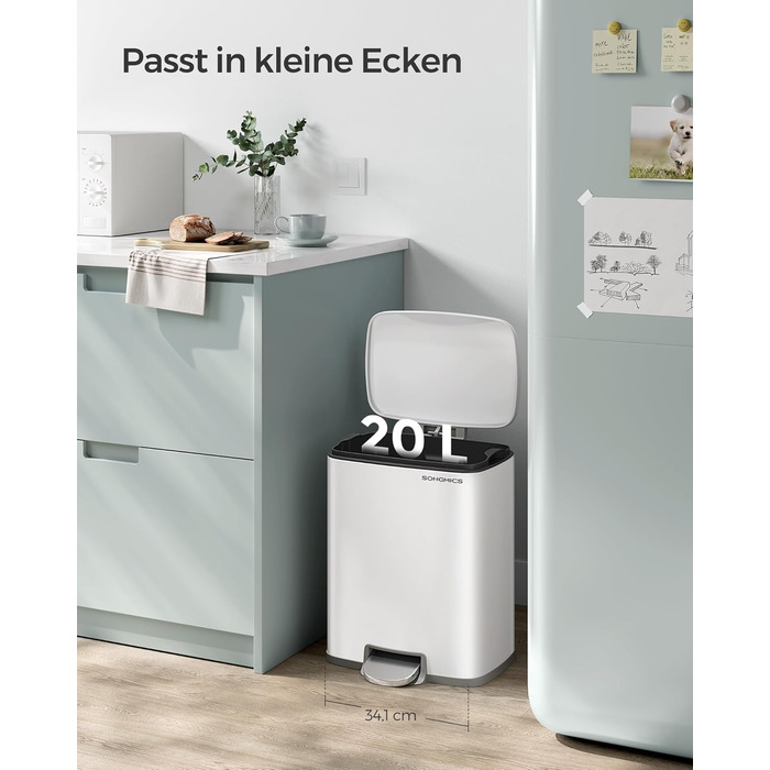 Відро для сміття SONGMICS 20 л з педаллю, м'яким закриттям, з внутрішнім відром, 15 мішків, металеве срібло