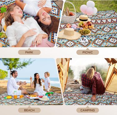 Килимок для пікніка SOMLAW вологостійкий, великий (200x200 см) для 4-6 осіб, з ручкою, Boho стиль, ідеальний для кемпінгу та пляжу