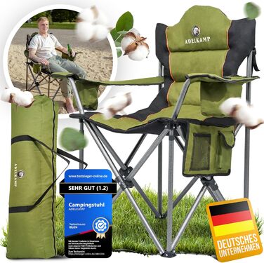 Складний туристичний стілець ADELKAMP з товстим м'яким сидінням, висока вантажопідйомність 150 кг, з сумкою-холодильником та тримачем для напоїв – переможець тесту 2024, преміум-якість, оливковий колір