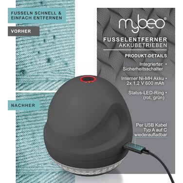 Електричний видалення ворсу MyBeo - бездротовий пристрій для видалення ворсу з одягу з USB-зарядкою, 2 змінні леза, колір Cool Grey