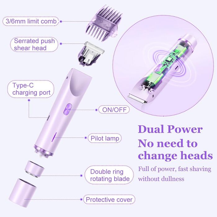 Електричний триммер для бікіні 2-в-1 для жінок та чоловіків – для гладкої шкіри, для інтимної зони, фіолетовий