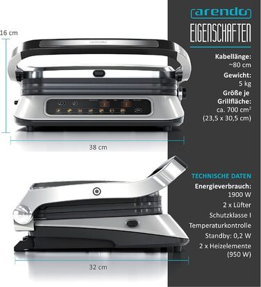 Arendo Electric Grill with Digital Control - 1900W Multi-Function Grill & Sandwich Maker - Stainless Steel, 7 Programs, Easy Clean