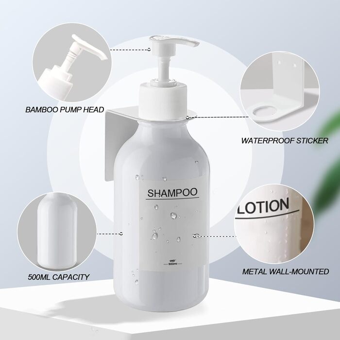 Soap Dispenser Wall Mount No Drilling, 3-Piece Set 500ml Soap Dispenser Wall Shampoo Dispenser Shower Dish Soap Dispenser Shampoo Dispenser for Kitchen Bathroom (White)